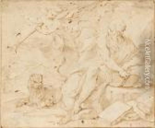 Recto : Saint Jerome Dans Le 
Desert Verso: Etude A La Plume Du Meme Personnage Plume Et Encre Brune Oil Painting - Domenico Piola