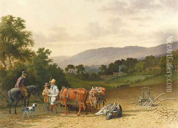 Figures, horses and oxen on a road Oil Painting - Robert Hills