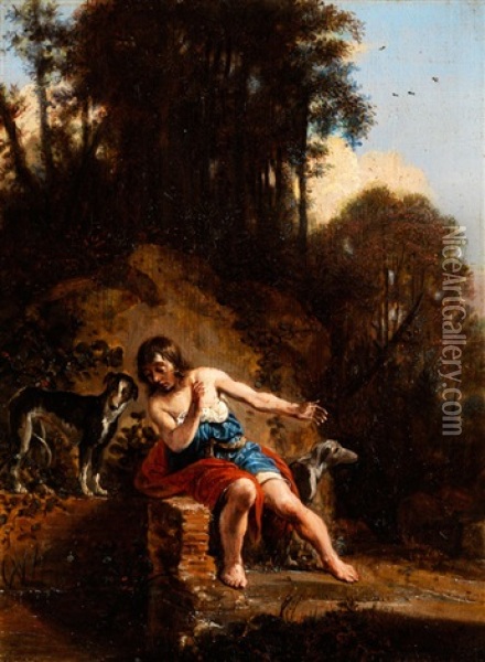 Junger Mann Mit Zwei Hunden In Einer Landschaft (aktaion?) Oil Painting - Jan De Bray
