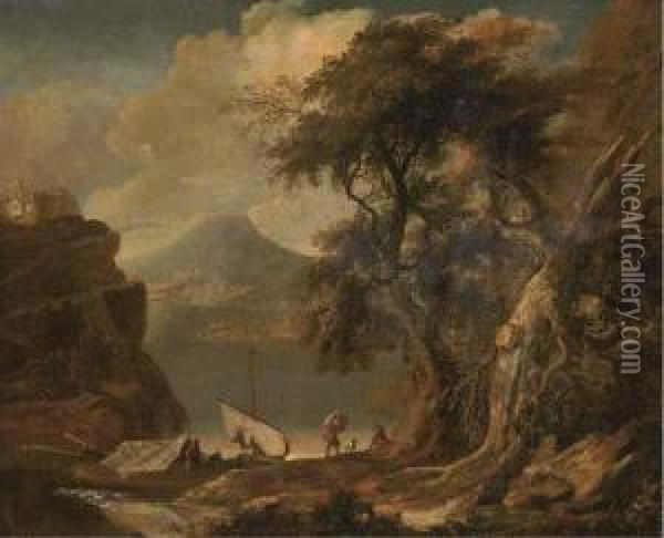 A Mountainous River Landscape With Figures And Boats In A Wooded Inlet Oil Painting - Jacob De Heusch