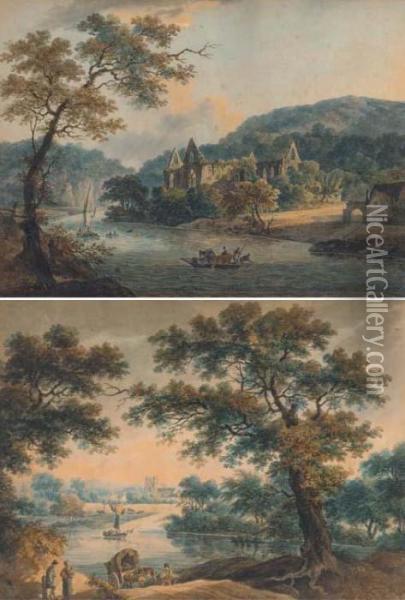 Tintern Abbey On The Wye; And A Tranquil Stretch Of The River Oil Painting - Dominic M. Serres