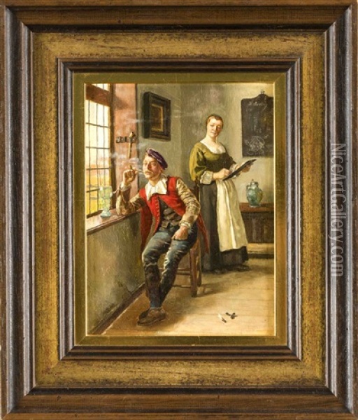 Interieur Mit Rauchendem, Jungen Mann Am Fenster, Der Von Seiner Frau Gezeichnet Wird Oil Painting - Heinrich Breling