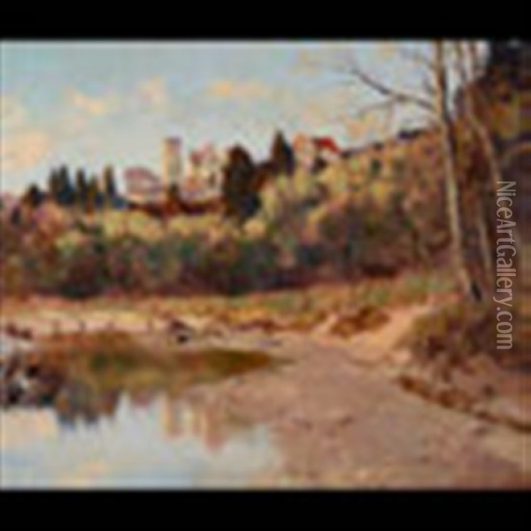 Untitled - Chateau Along River Oil Painting - Adele Esinger