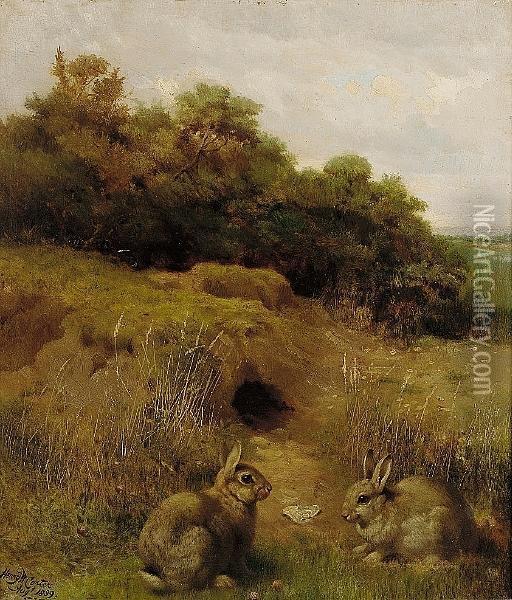 Rabbits In A Landscape Oil Painting - Henry William Carter