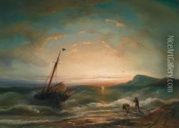 Schiff Auf Bewegter See In Strandnahe Oil Painting - Elias Pieter van Bommel