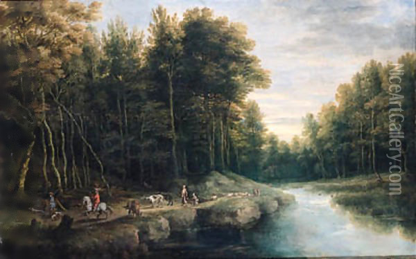 Sportsmen, shepherds and peasants on a track by a brook in a forest, another sportsman shooting duck nearby Oil Painting - Lucas Van Uden