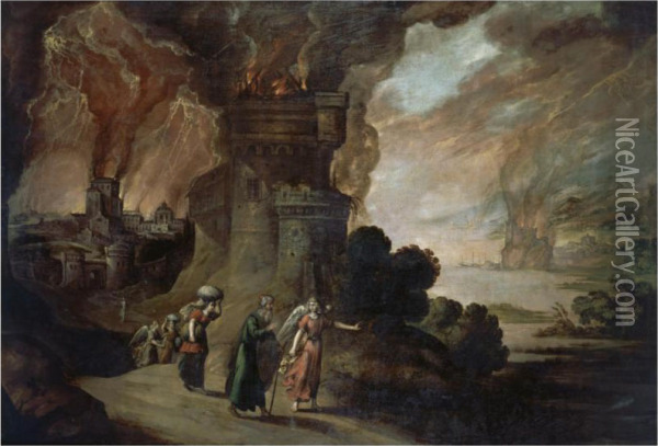Lot And His Daughters Escaping From The Destruction Of Sodom Andgomorrah Oil Painting - Juan De La Corte