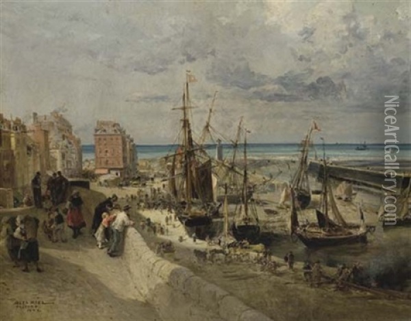 Vue Du Port Et De La Jetee Du Treport Oil Painting - Jules Achille Noel