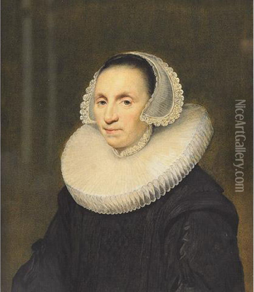 Portrait Of A Lady In Ruffled Collar Oil Painting - Cornelius Jonson