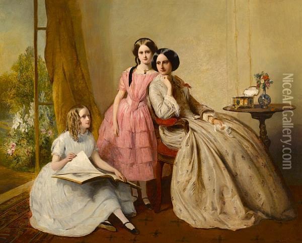 A Portrait Of Two Girls With Their Governess Oil Painting - Abraham Solomon