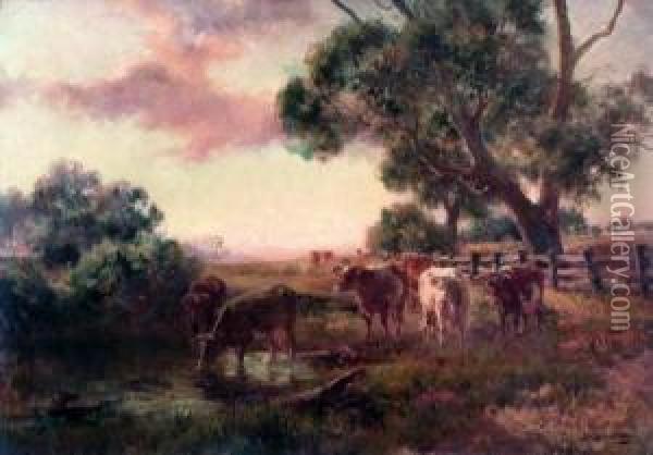 Cattle By A Waterhole Oil Painting - Jan Hendrik Scheltema