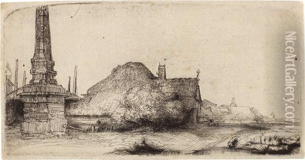Die Landschaft Mit Dem Meilenstein Bei Halfweg - Die Landschaft Mit Dem Obelisk Oil Painting - Rembrandt Van Rijn
