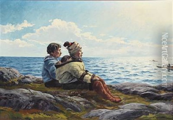 Coastal Scene With Two Greenlanders Overlooking The Sea Oil Painting - Emanuel A. Petersen