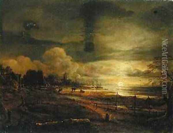 Canal at Moonrise Oil Painting - Aert van der Neer