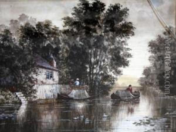 Cottage By A River With Man In A Boat Oil Painting - James Orrock