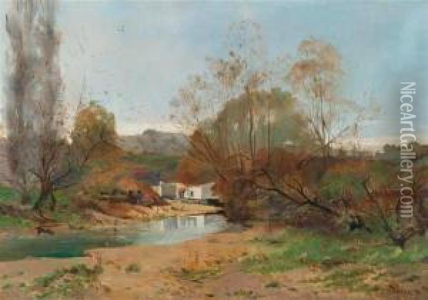 River Landscape Oil Painting - Pierre-Emmanuel Damoye
