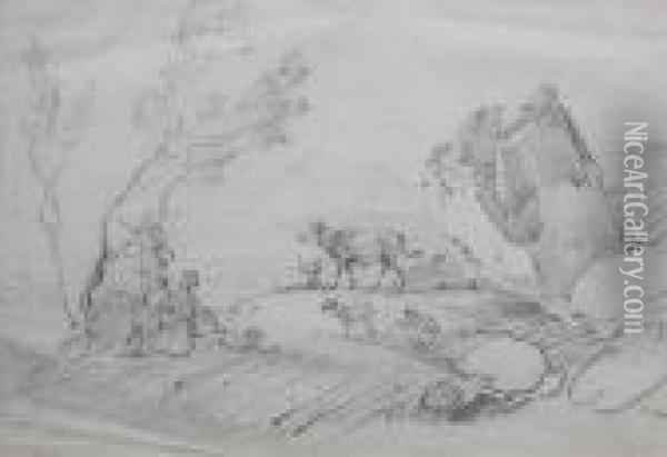 Figures, Cattle And Sheep By A Rockyoutcrop Oil Painting - George Chinnery