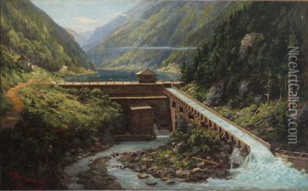 Mountain Landscape With A River Dam Oil Painting - Alexander Mroczkowski