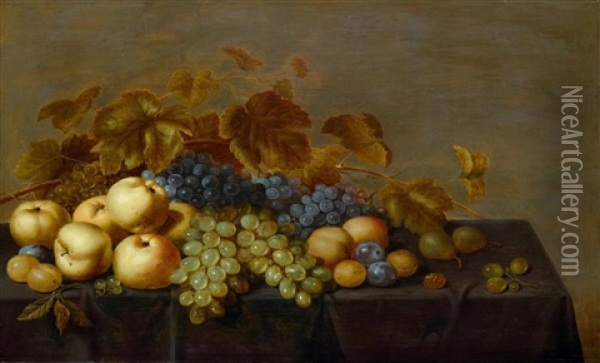 A Fruit Still Life With Plums, Apples, Grapes And Pears On A Table Oil Painting - Floris Gerritsz. van Schooten