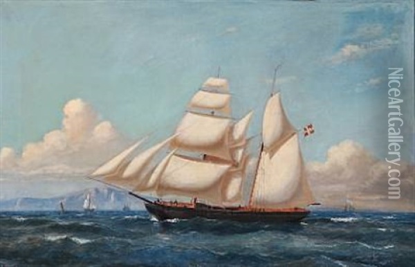 The Schooner Sophie Of Dragor Passing A Mountainous Coast Oil Painting - Carl Julius Emil Olsen