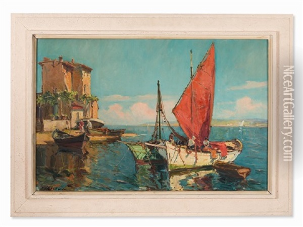 Fishing Boats, Oils Fishing Boats Oil Painting - Georgi Alexandrovich Lapchine