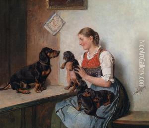 Ammirazione Dei Cuccioli Di Bassotto Oil Painting - Adolf Eberle
