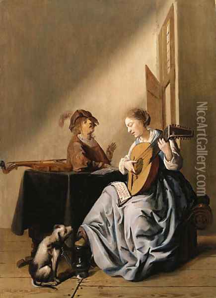 A young Woman playing a Lute with a Youth singing in an Interior Oil Painting - Jan Miense Molenaer