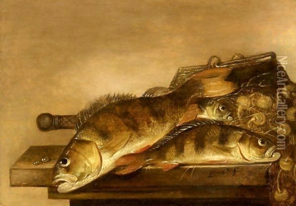Sea bream, a fishing basket and nets on a wooden table Oil Painting - Pieter de Putter
