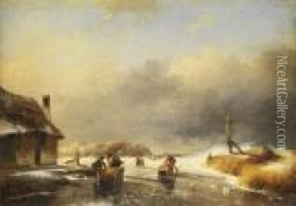 Winterlandschaft Mit Strohschlitten Und Pferden Auf Vereisterflache Oil Painting - Charles Henri Leickert