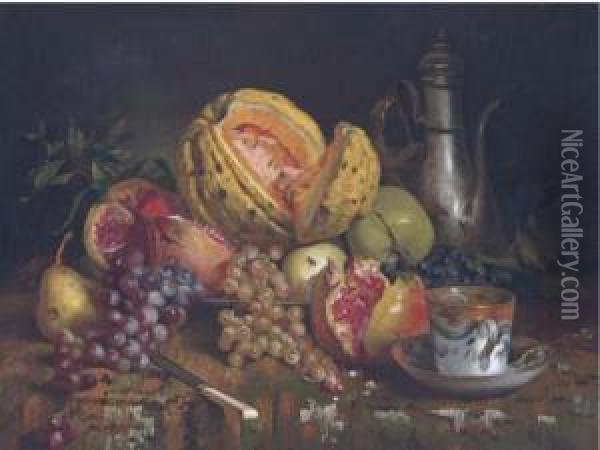 A Melon, Pomengranate, Grapes And Apples With A Ewer And A Teacupon A Table Oil Painting - Angelo Martinetti