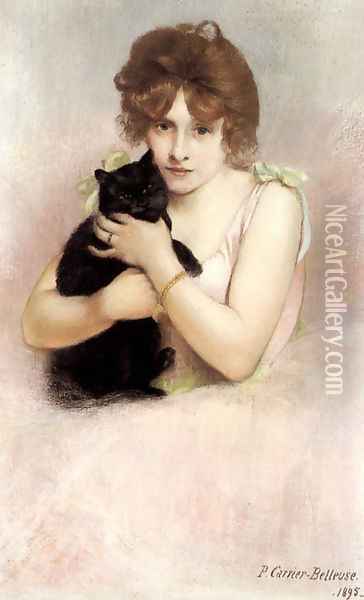Young Ballerina holding a Black Cat Oil Painting - Pierre Carrier-Belleuse