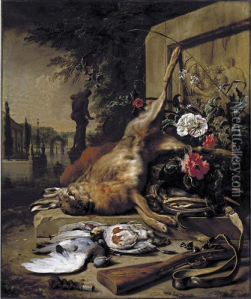 Still Life Of Game, Including A 
Hare, Grey Partridges, A Pigeon, A Musket, A Powder Bag, Trapping Nets 
And Summer Flowers Before A Stone Frieze, The Water Gardens Of A Villa 
Beyond Oil Painting - Jan Weenix