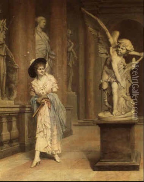 Jeune Femme Devant La Sculpture De Cupidon Oil Painting - Joseph Henri Cond'Amin