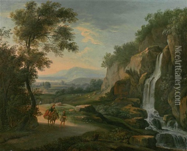 Arkadische Landschaft Mit Katarakt Und Figurenstaffage Oil Painting - Johannes (Jan) Glauber