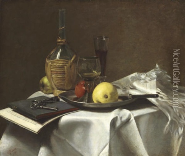 Still Life With Pears And Cask Oil Painting - Charles Porter