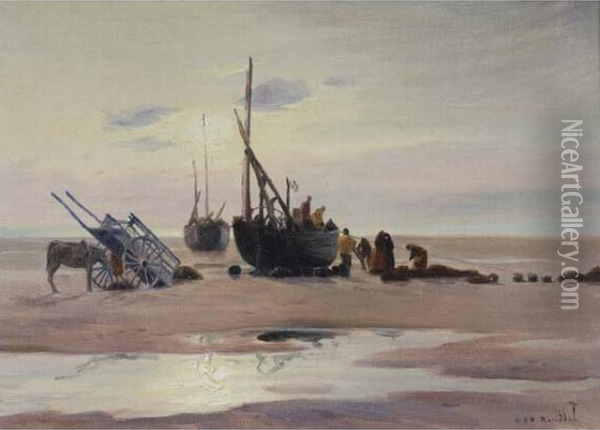 Barques Et Pecheurs Sur La Greve Oil Painting - Charles Emmanuel Roussel