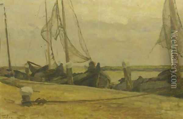 Moored fishingboats along a quay Oil Painting - Willem Bastiaan Tholen