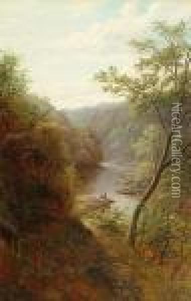 'wharfe Above The Strid, Bolton 
Woods, Yorskhire'; 'a Peep Of Bolton Abbey, From The Strid, Yorkshire' Oil Painting - William Mellor