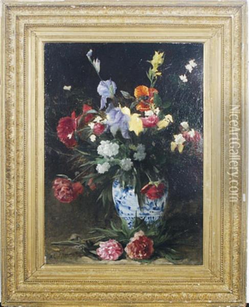 Bouquet Of Irises, Poppies And Peonies Oil Painting - Francois Alfred Delobbe