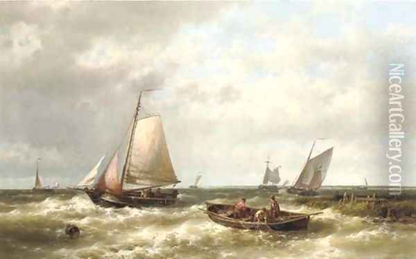 Ships on a choppy sea by an estuary Oil Painting - Abraham Hulk Jun.
