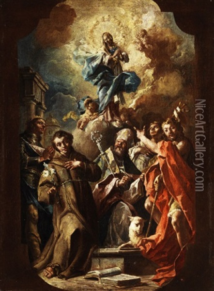 Maria Immaculata In Wolken Uber Einer Gruppe Von Heiligen Oil Painting - Lorenzo De Caro