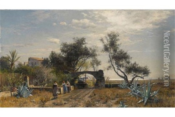 Italienische Landschaft Mit Frauen Am Brunnen Oil Painting - Max Wilhelm Roman
