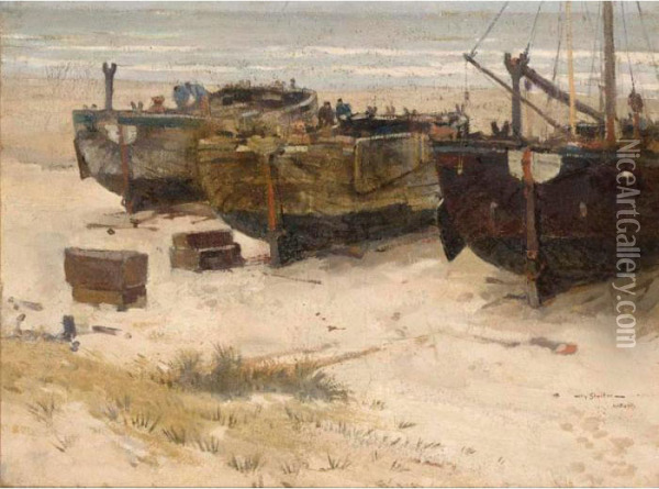 Bomschuiten On The Beach, Katwijk Oil Painting - Willy Sluyters