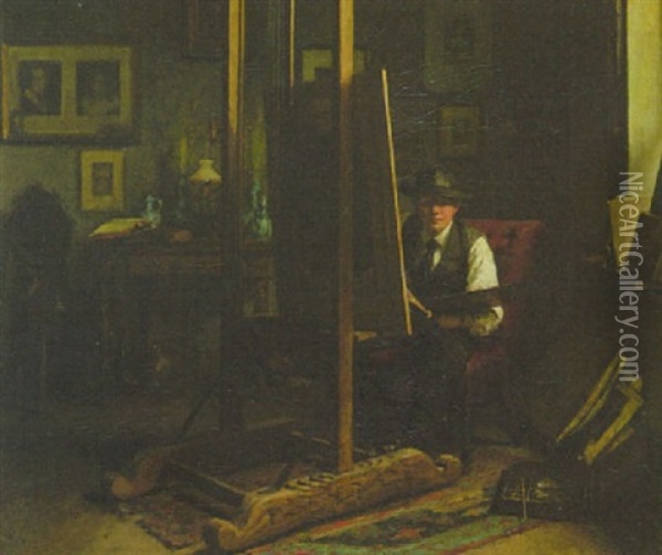Der Kunstler In Seinem Atelier, Vor Der Staffelei Sitzend Oil Painting - Karl Heyden