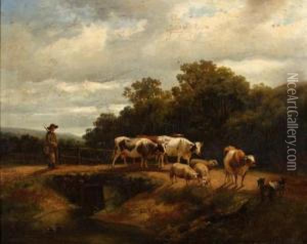 Herder Met Vee Bij Bruggetje Oil Painting - Dirk Peter Van Lokhorst