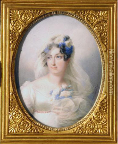 Portrait De Jeune Femme Aux Roses Blanches Et Aux Bleuets. Oil Painting - Auguste Simon Garneray