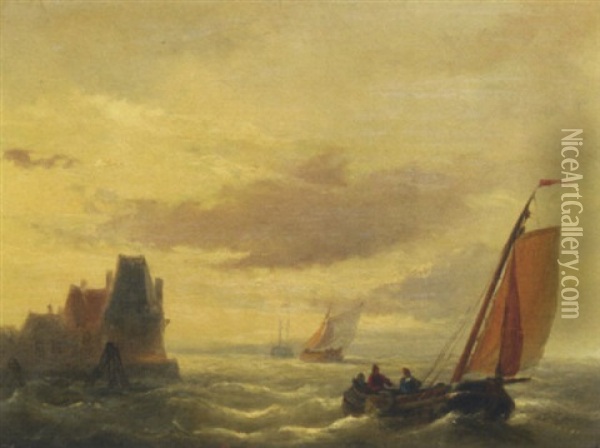 Sailing Vessels By A Coast Oil Painting - Christiaan Lodewijk Willem Dreibholtz