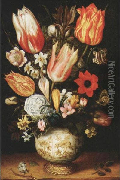 Tulips, Roses, Narcissi, 
Daffodils, Crocuses, An Iris, A Poppy And Other Flowers In A 
Gilt-mounted Porcelain Vase On A Ledge, With A Queen Of Spain 
Fritillary, A White Ermine And A Magpie Butterfly Oil Painting - Christoffel van den Berghe