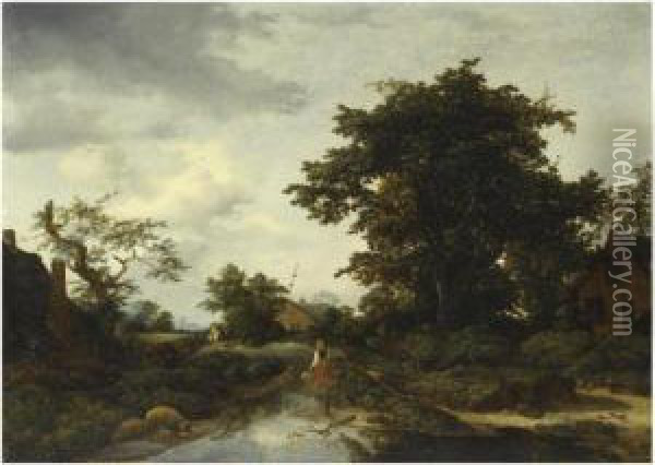 Wooded Landscape With A Woman By A River Oil Painting - Gerrit van Hees