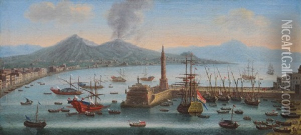Port Of Naples With Mount Vesuvius Oil Painting - Jose Antonio Ruiz Rey